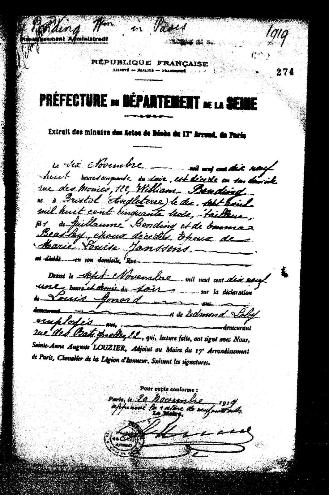 French death certificate - William Bending